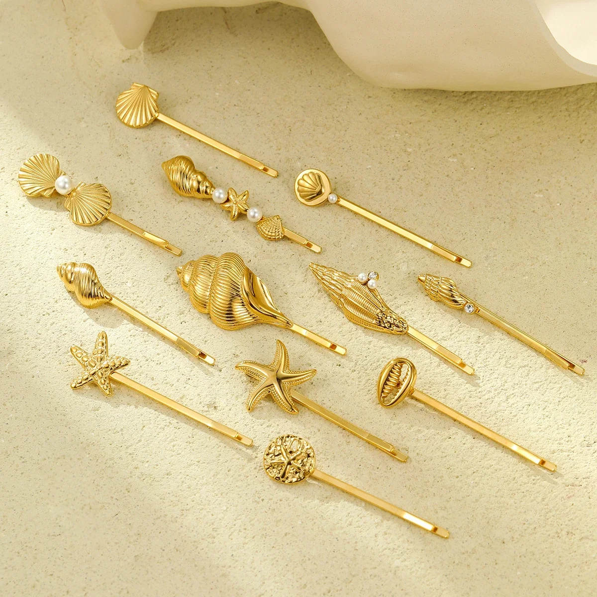 Seashell & Starfish Hair Clips, 18K Gold-Plated Stainless Steel