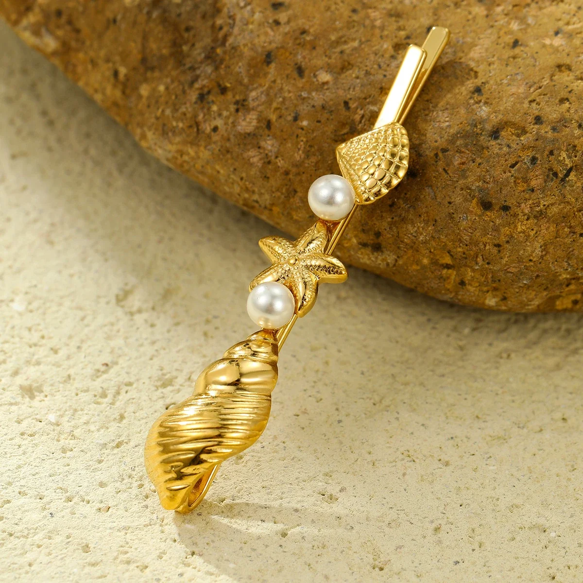 Seashell & Starfish Hair Clips, 18K Gold-Plated Stainless Steel