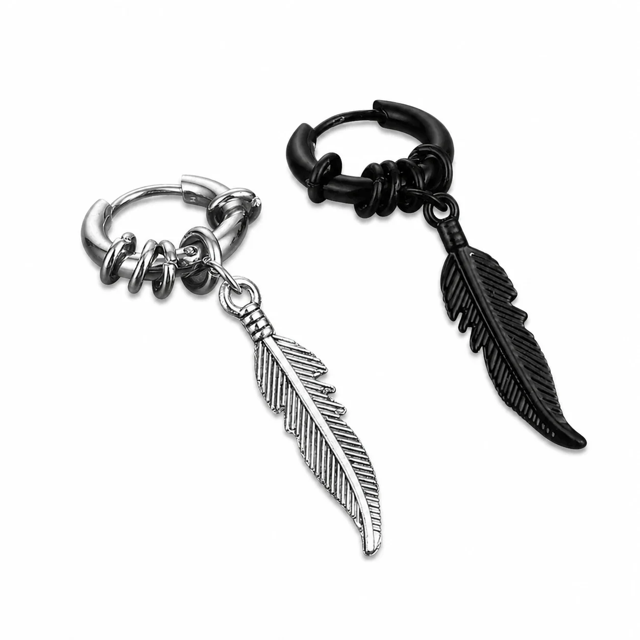Edgy Stainless Steel Feather Charm Stacked Hoop Earrings
