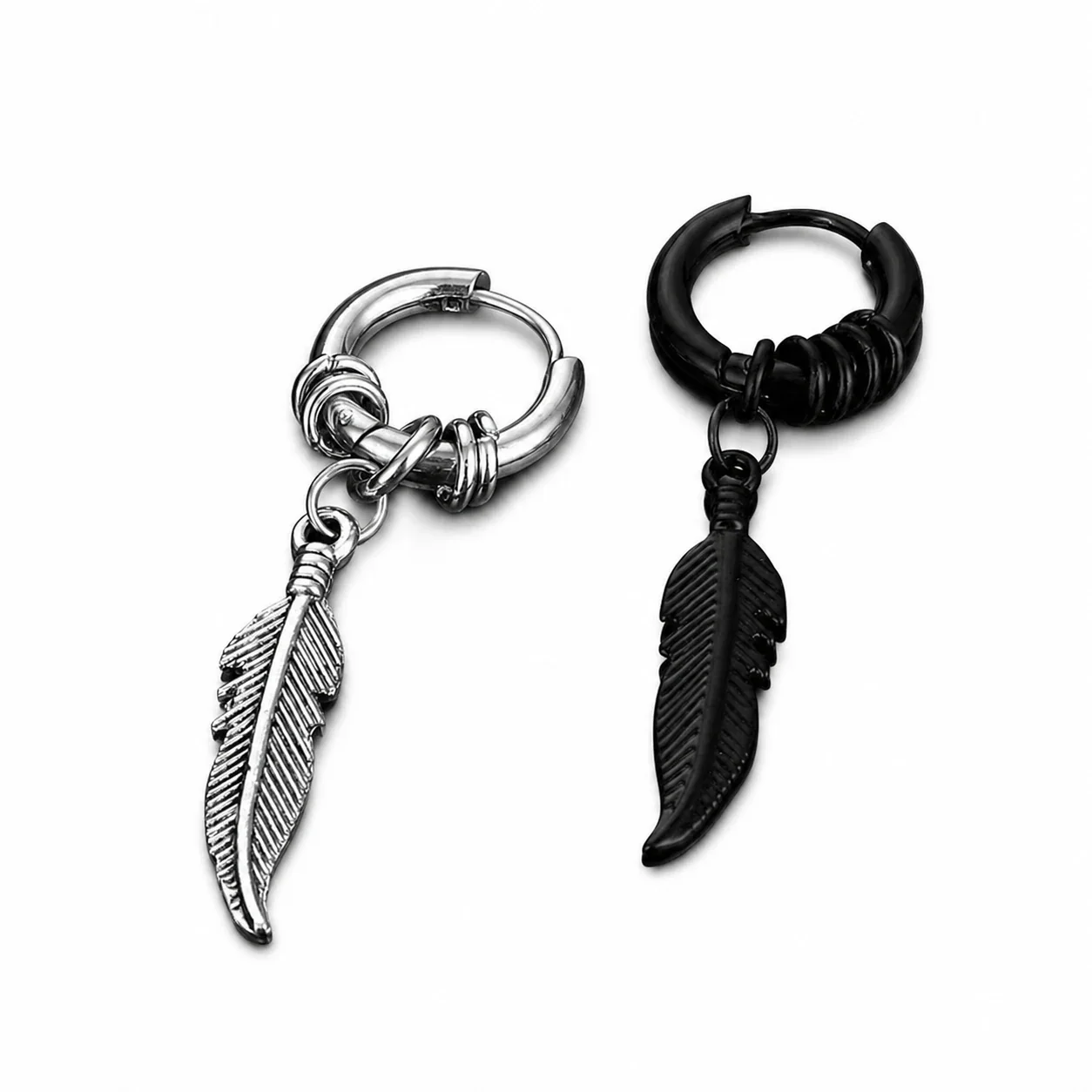 Edgy Stainless Steel Feather Charm Stacked Hoop Earrings