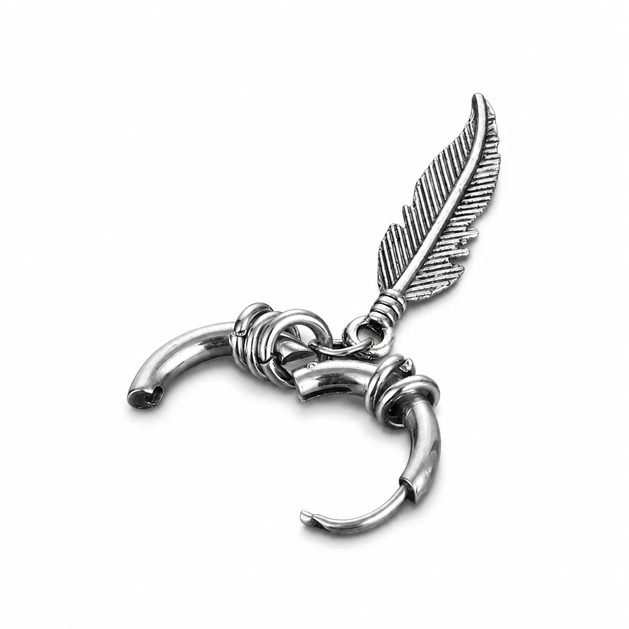 Edgy Stainless Steel Feather Charm Stacked Hoop Earrings