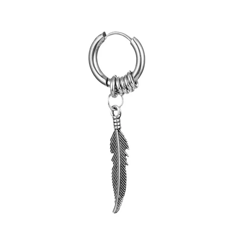 Edgy Stainless Steel Feather Charm Stacked Hoop Earrings