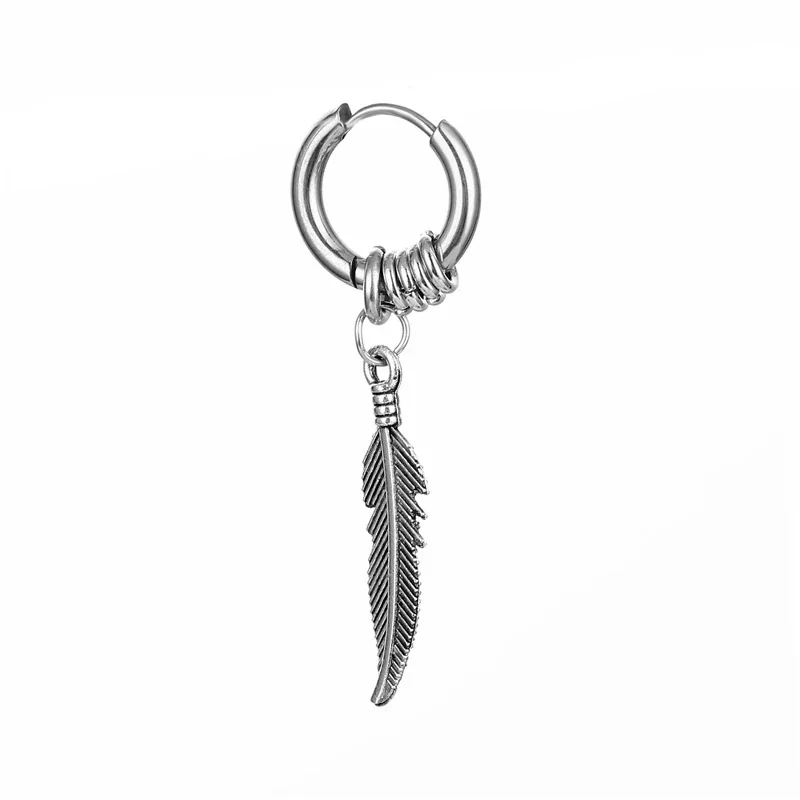 Edgy Stainless Steel Feather Charm Stacked Hoop Earrings - Silver