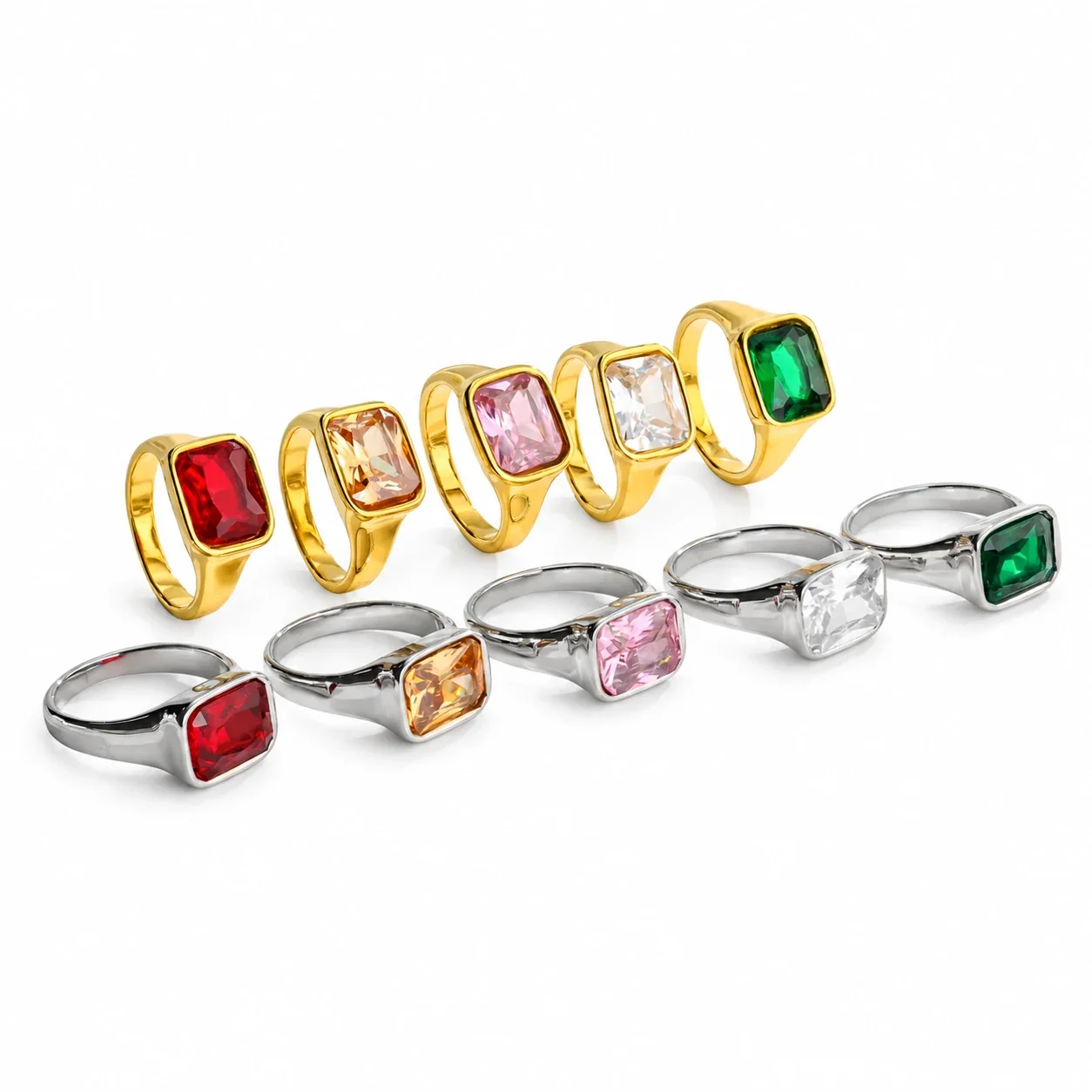Crystal Wide-Band Ring with Bezel Setting, Gold-Plated Steel