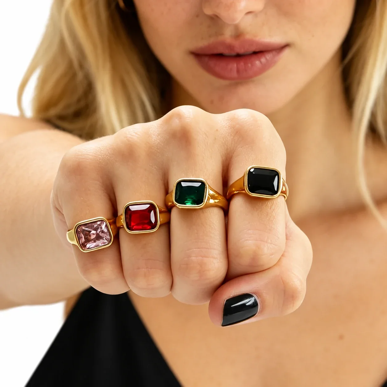 Crystal Wide-Band Ring with Bezel Setting, Gold-Plated Steel