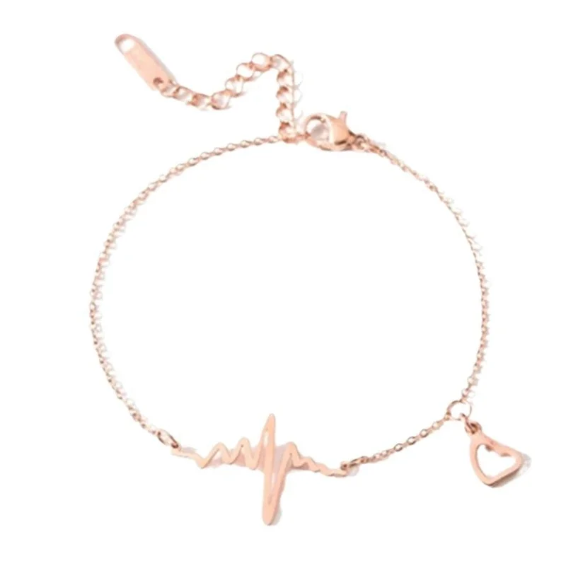 Anklet with Heartbeat Bar and Heart Charm Stainless Steel
