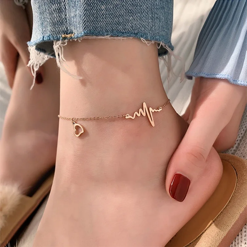 Anklet with Heartbeat Bar and Heart Charm Stainless Steel
