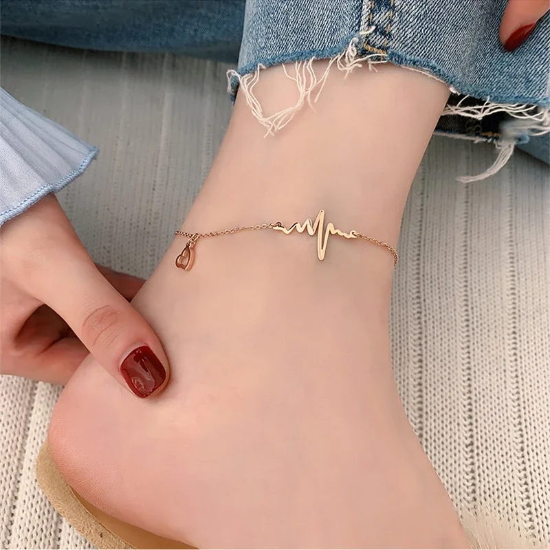 Anklet with Heartbeat Bar and Heart Charm Stainless Steel