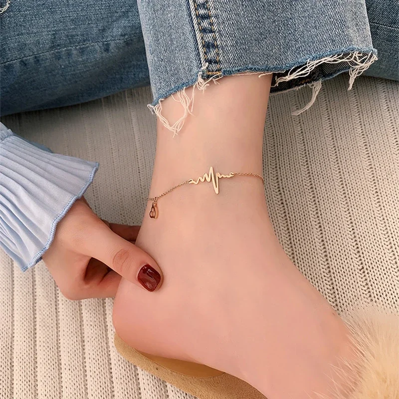 Anklet with Heartbeat Bar and Heart Charm Stainless Steel