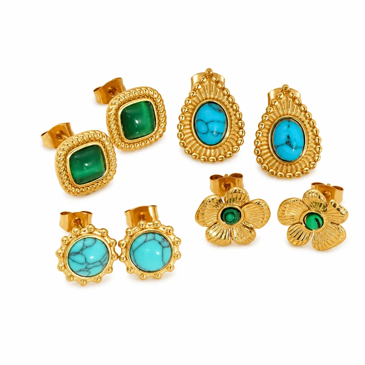 Ornate 18K Gold-Plated Flower Bezel Stone Stud Earrings