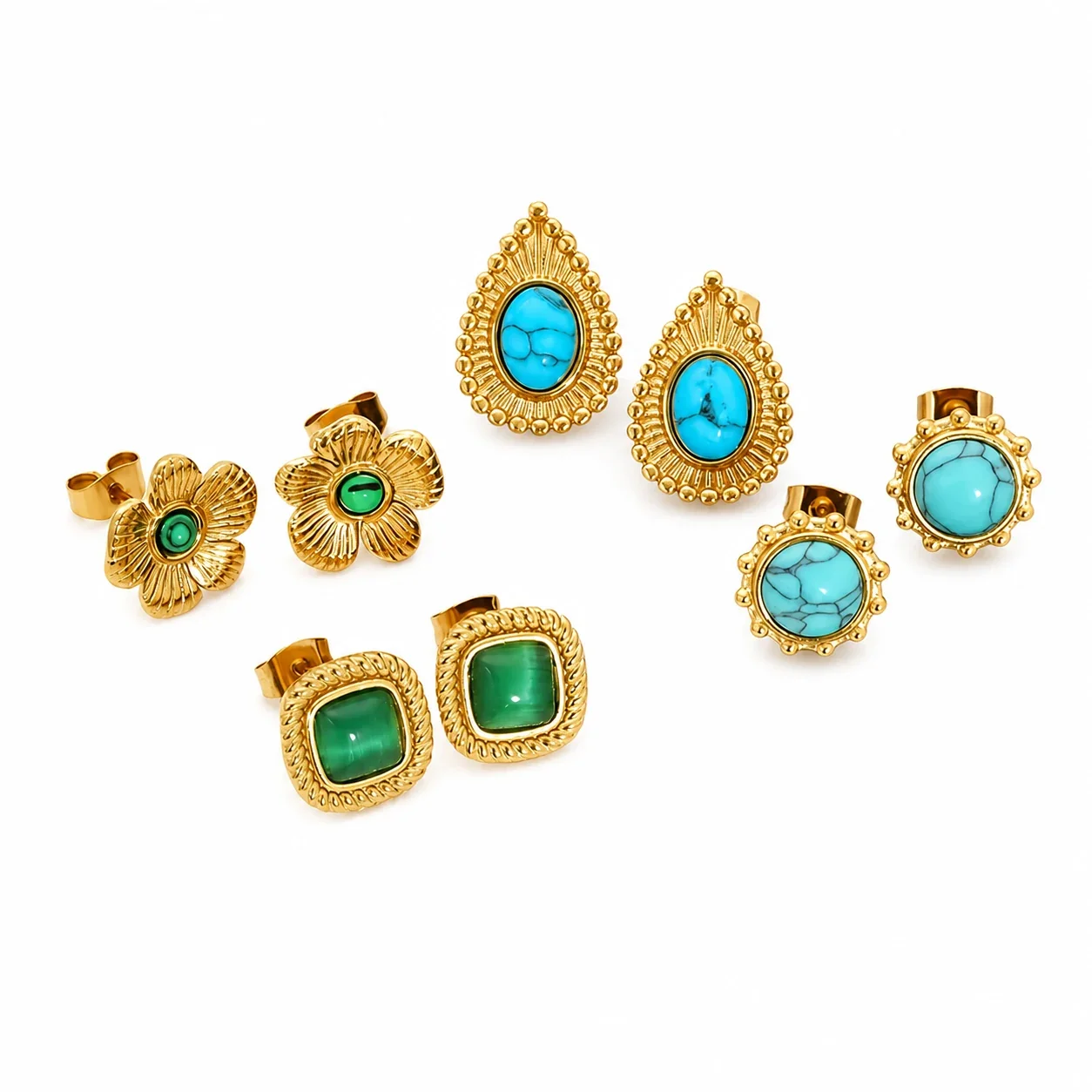 Ornate 18K Gold-Plated Flower Bezel Stone Stud Earrings