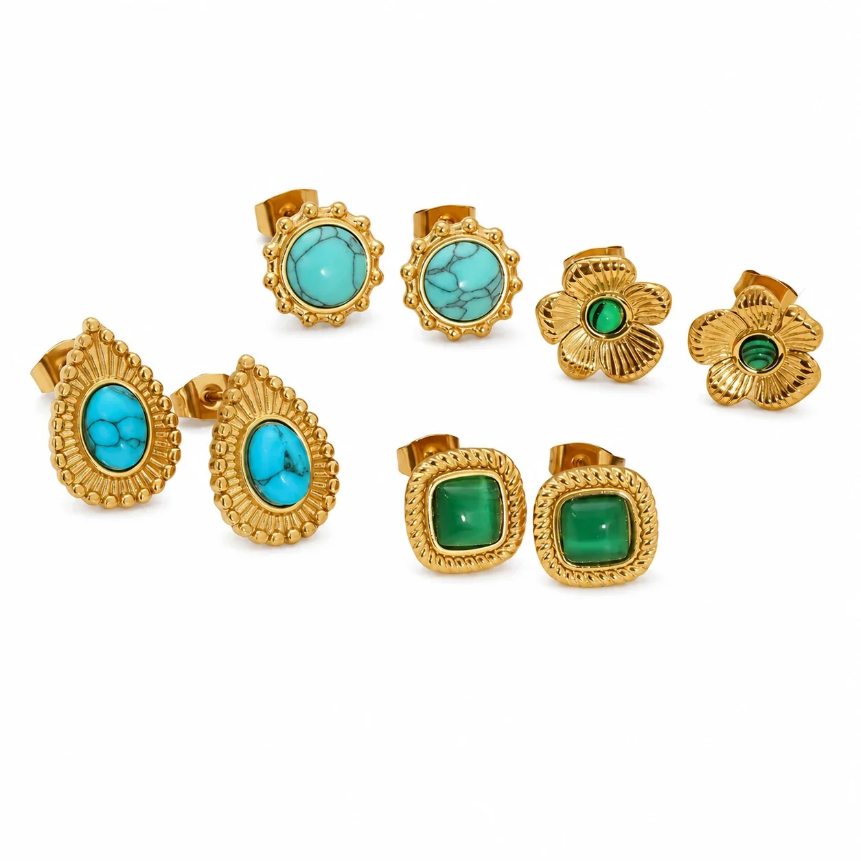 Ornate 18K Gold-Plated Flower Bezel Stone Stud Earrings