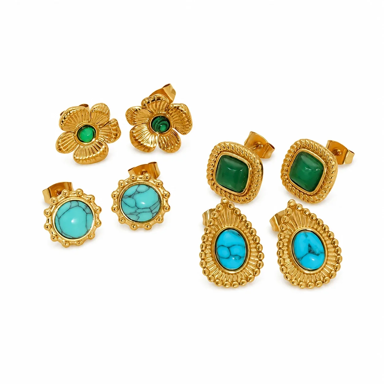 Ornate 18K Gold-Plated Flower Bezel Stone Stud Earrings