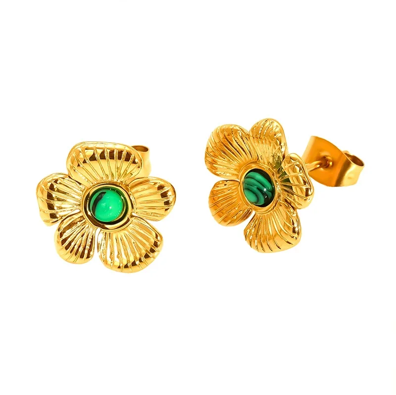 Ornate 18K Gold-Plated Flower Bezel Stone Stud Earrings