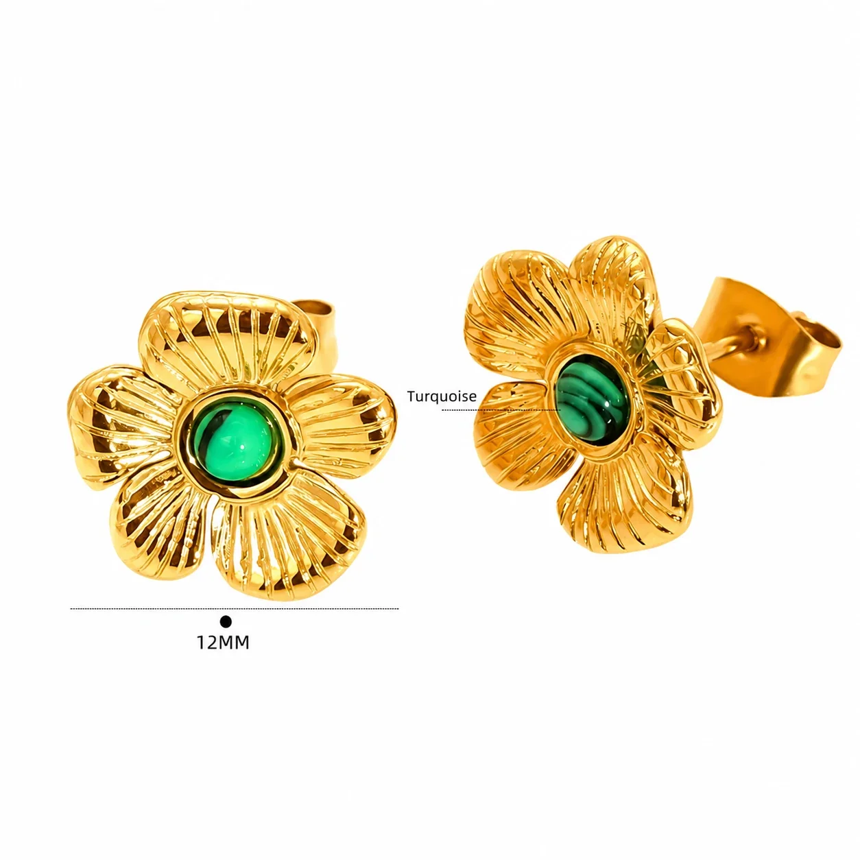 Ornate 18K Gold-Plated Flower Bezel Stone Stud Earrings - Gold Flower Green Stone