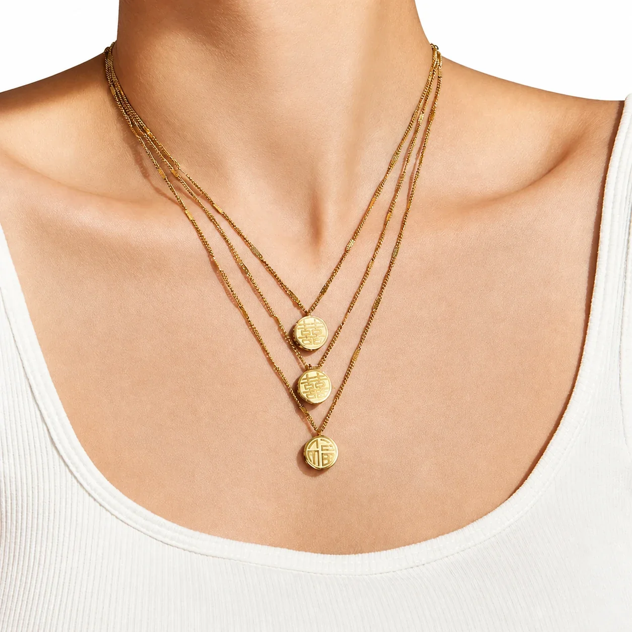 Auspicious Round Fu CZ Rim 18K Gold-Plated 316L Jewelry Set