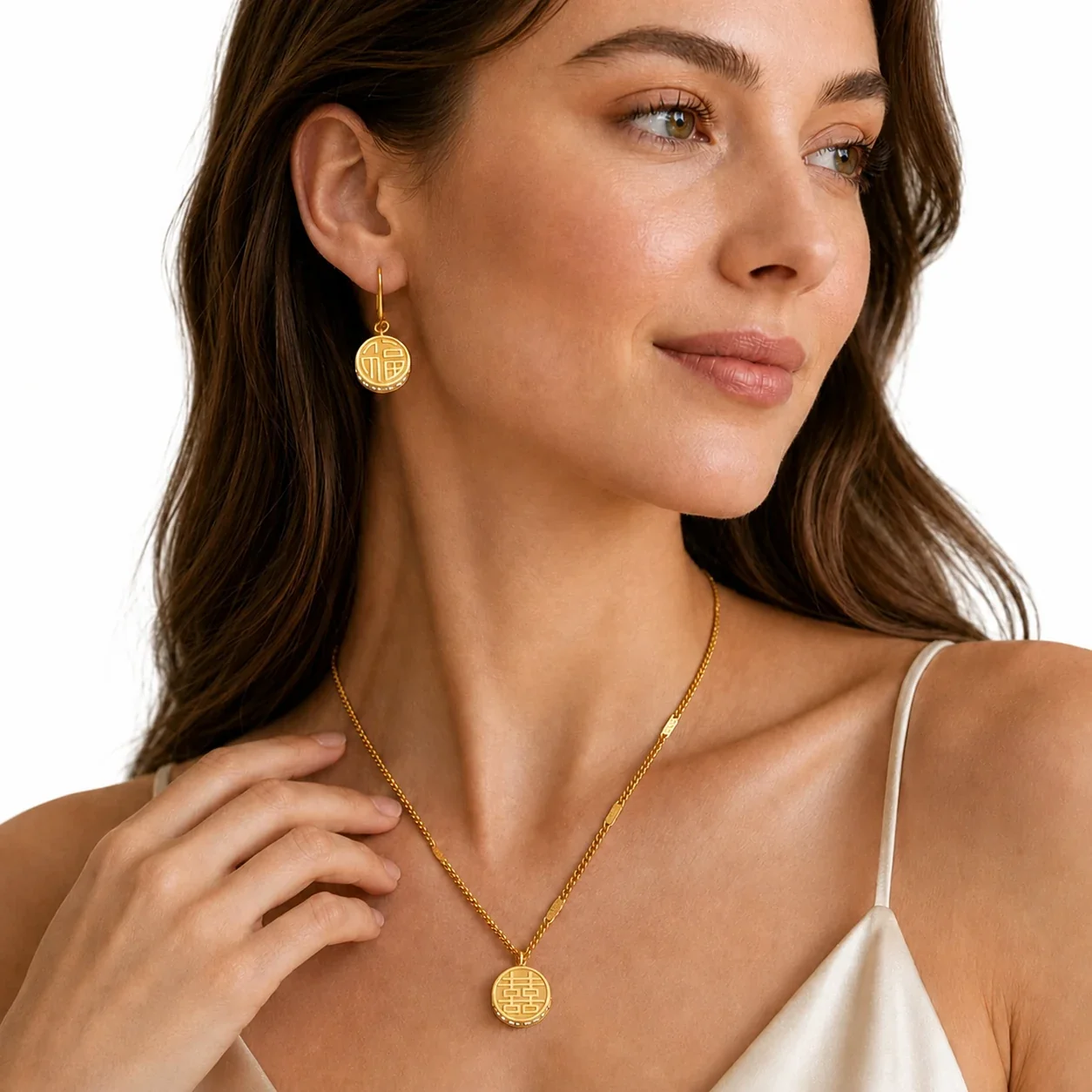 Auspicious Round Fu CZ Rim 18K Gold-Plated 316L Jewelry Set