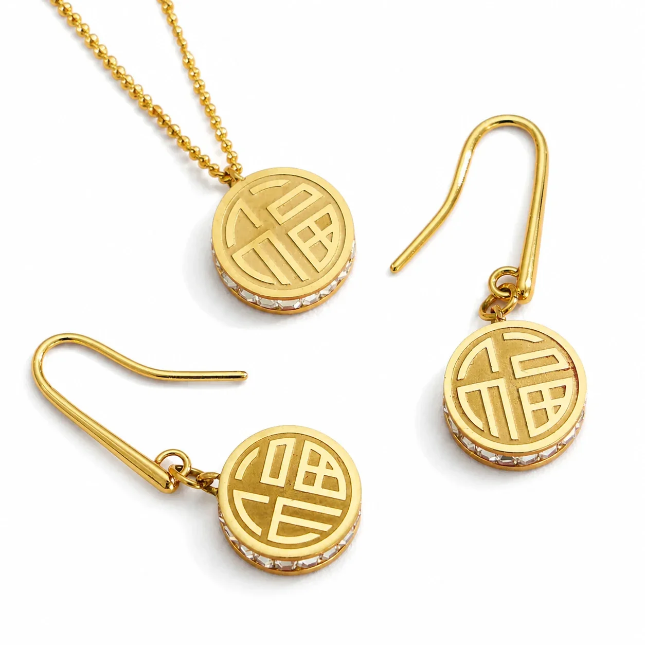 Auspicious Round Fu CZ Rim 18K Gold-Plated 316L Jewelry Set