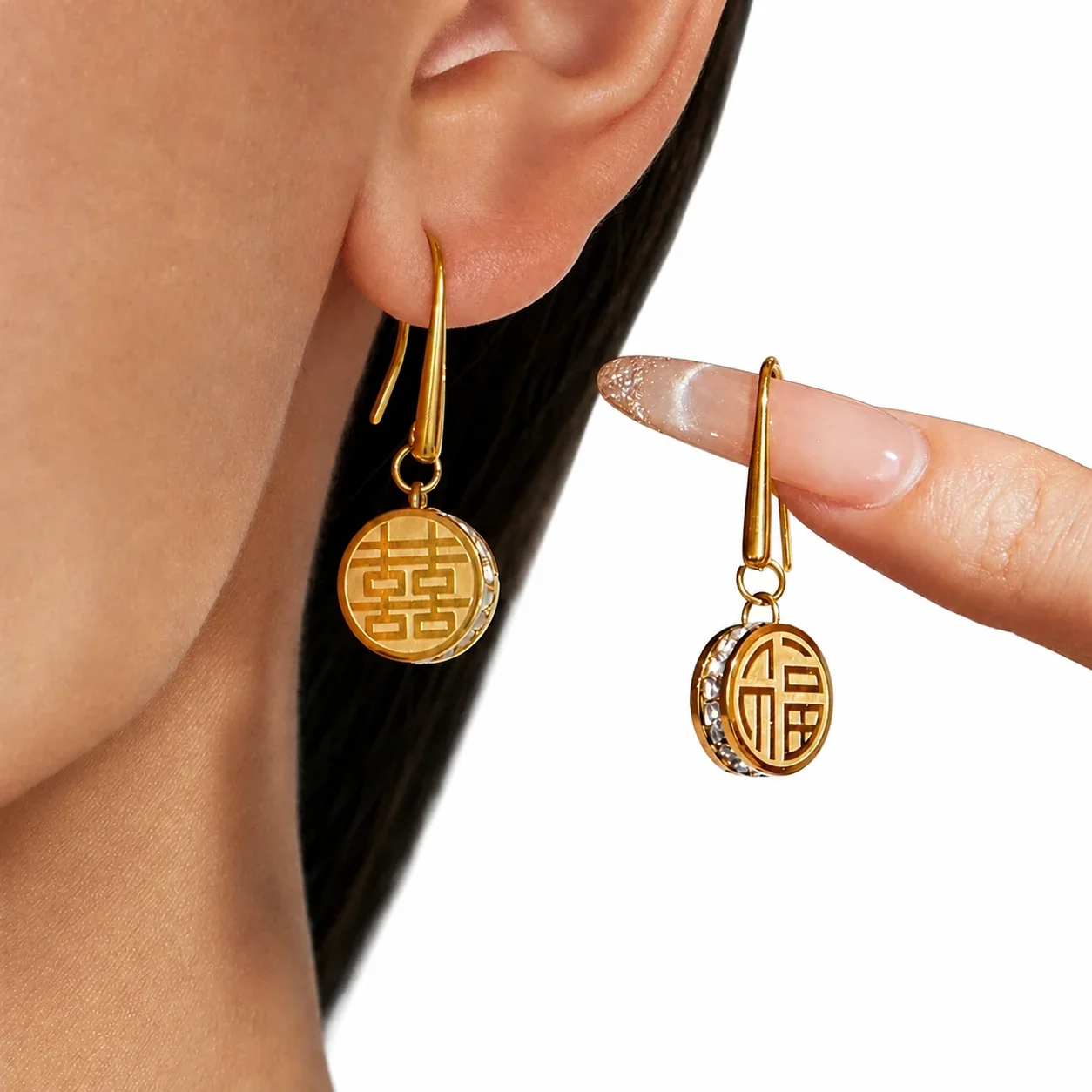 Auspicious Round Fu CZ Rim 18K Gold-Plated 316L Jewelry Set