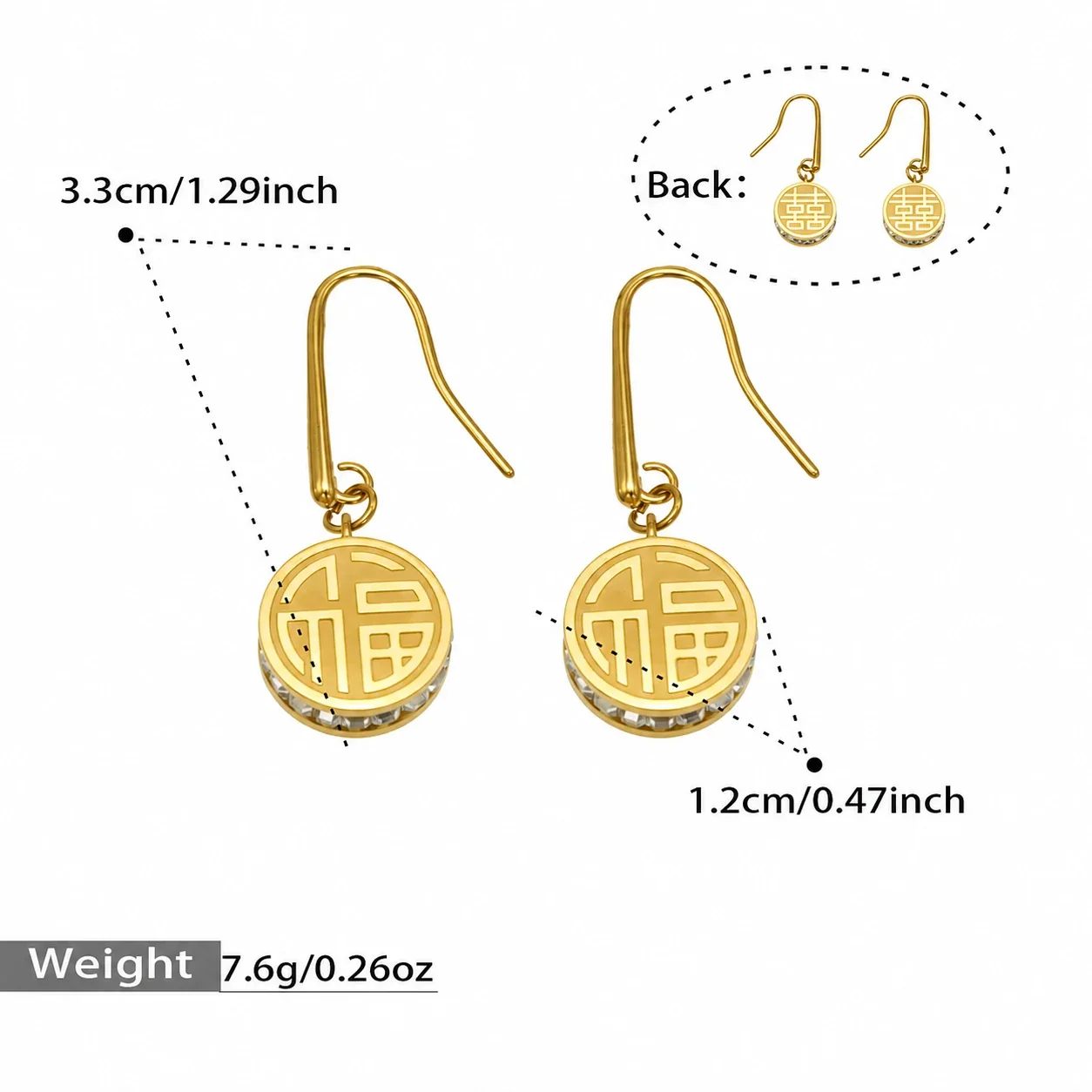 Auspicious Round Fu CZ Rim 18K Gold-Plated 316L Jewelry Set - Gold