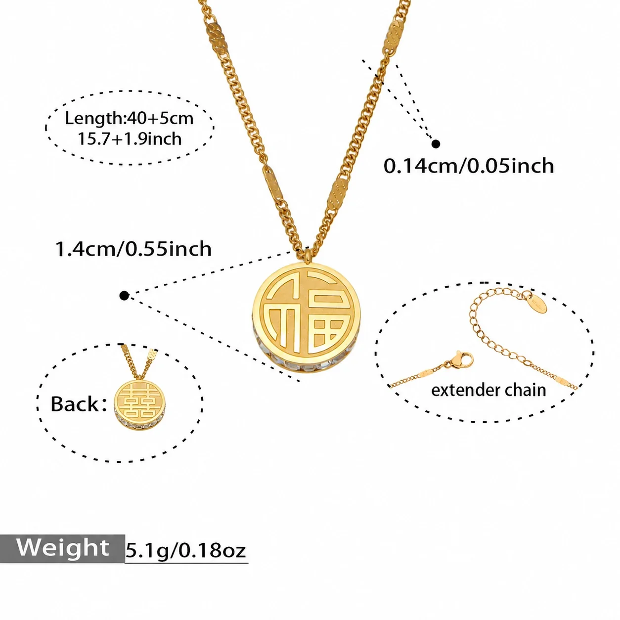 Auspicious Round Fu CZ Rim 18K Gold-Plated 316L Jewelry Set - Gold 40+5 cm