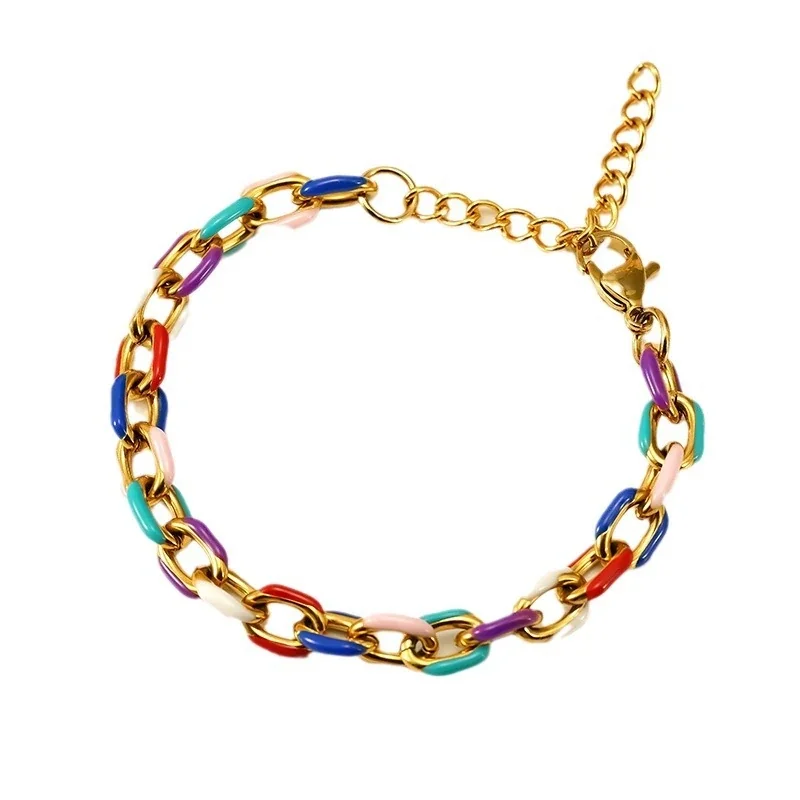 Vibrant Stainless Steel Gold-Tone Enamel Curb Chain Bracelet