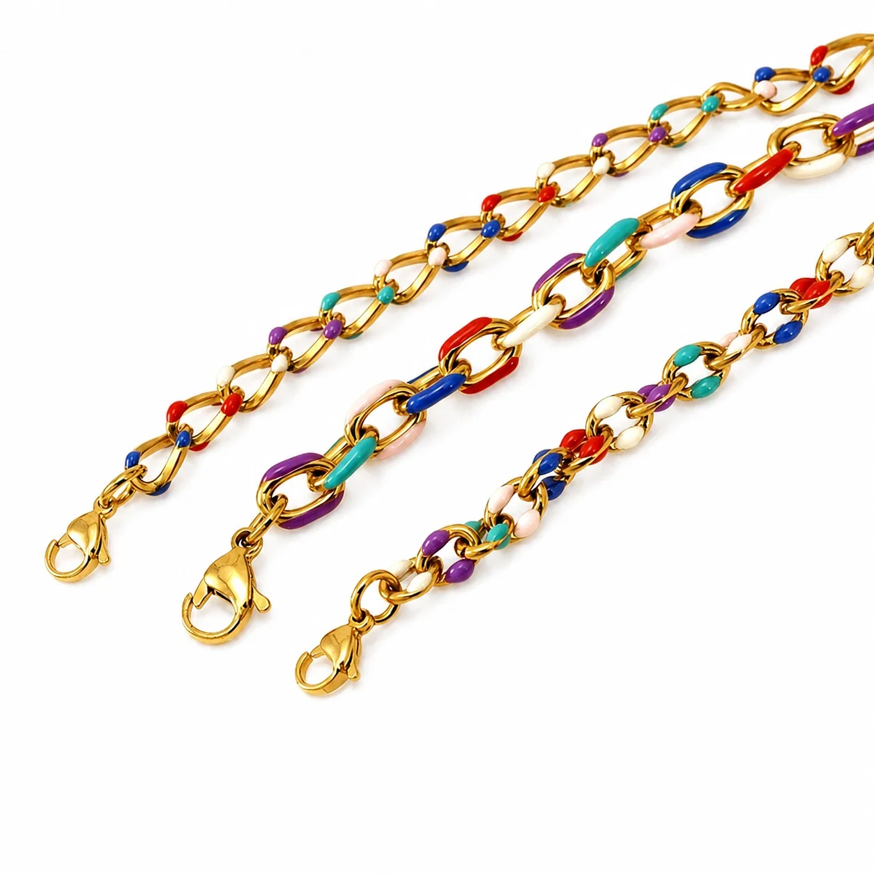 Vibrant Stainless Steel Gold-Tone Enamel Curb Chain Bracelet