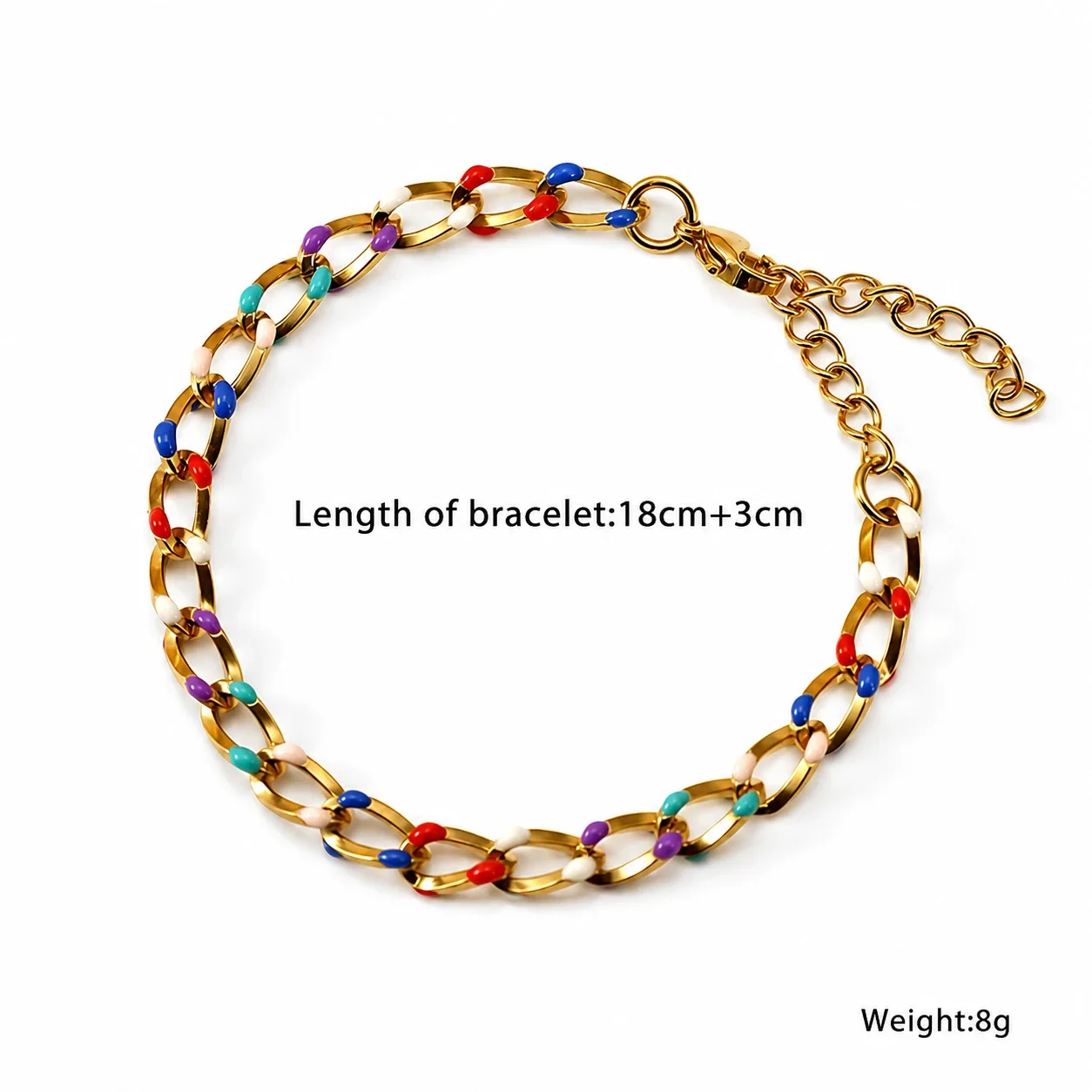 Vibrant Stainless Steel Gold-Tone Enamel Curb Chain Bracelet - Gold Multicolor Small Links