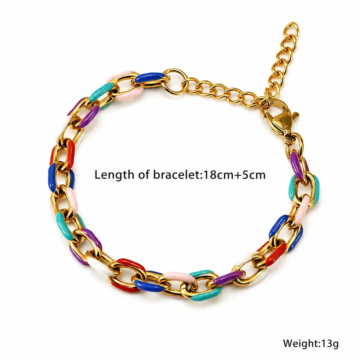 Vibrant Stainless Steel Gold-Tone Enamel Curb Chain Bracelet - Gold Multicolor Medium Links
