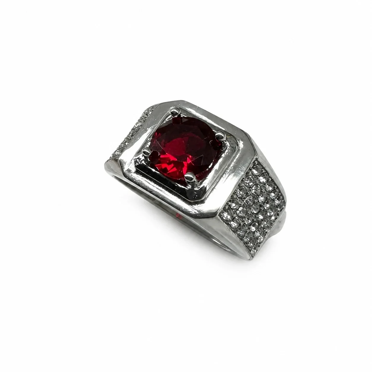 Bold 316 Stainless Steel Cushion CZ Signet Ring - Red