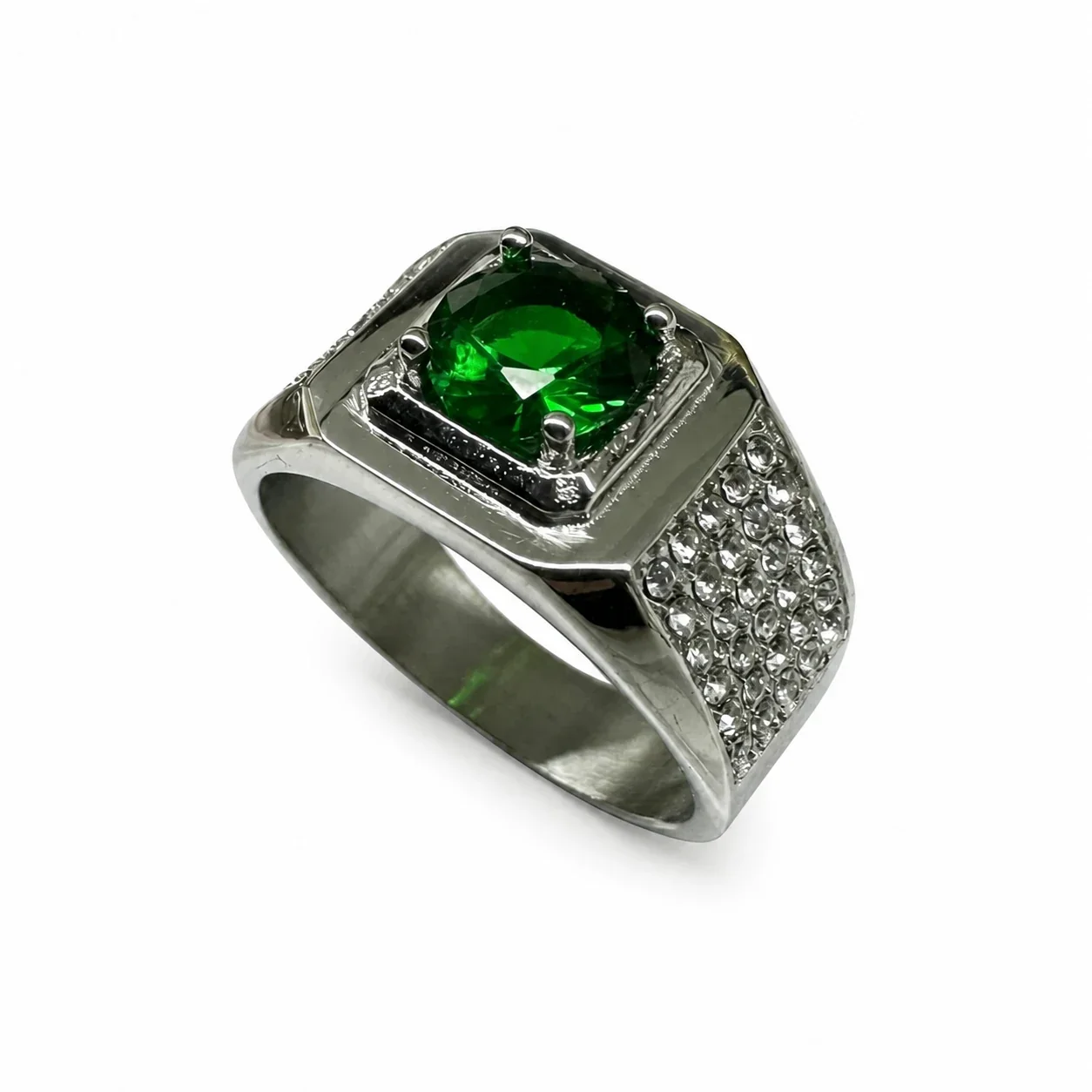 Bold 316 Stainless Steel Cushion CZ Signet Ring - Green