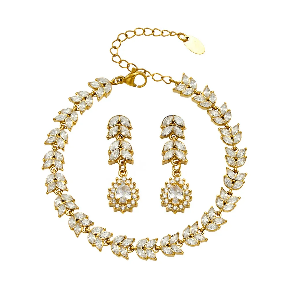 Radiant Gold PVD 316L Stainless Steel Marquise Leaf CZ Jewelry Set