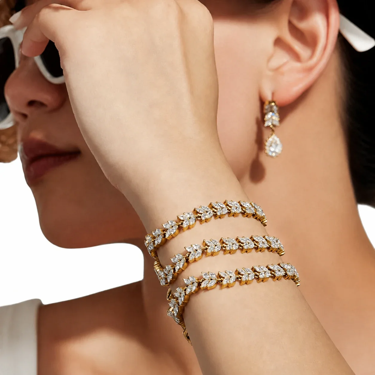 Radiant Gold-Plated 316L Marquise Leaf CZ Jewelry Set