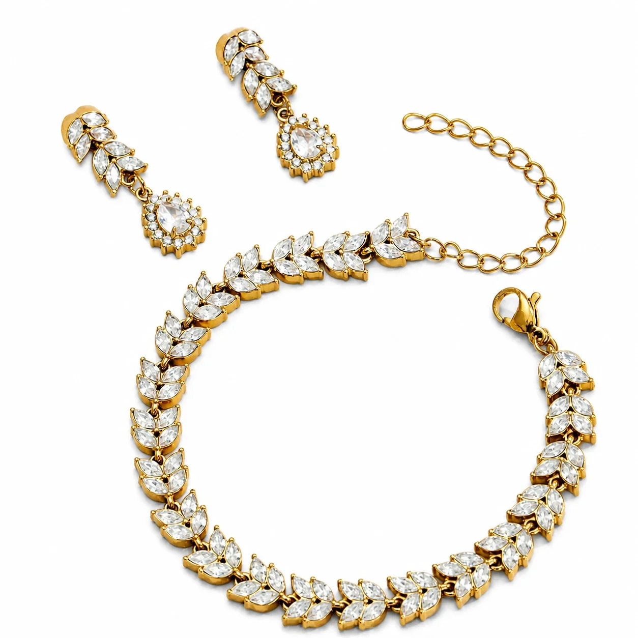 Radiant Gold-Plated 316L Marquise Leaf CZ Jewelry Set