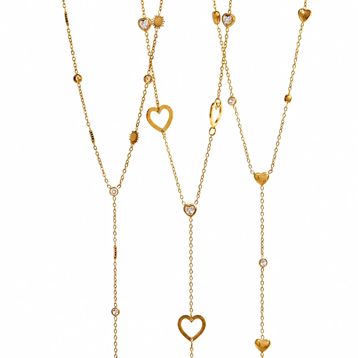 Delicate 18K Gold PVD Y Drop Heart CZ 316L Stainless Steel Necklace