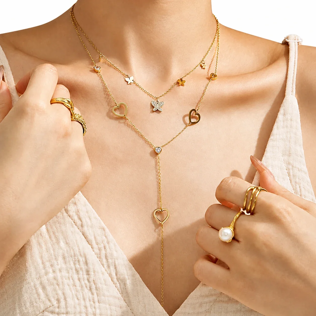Delicate 18K Gold-Plated Y Drop Heart CZ Necklace