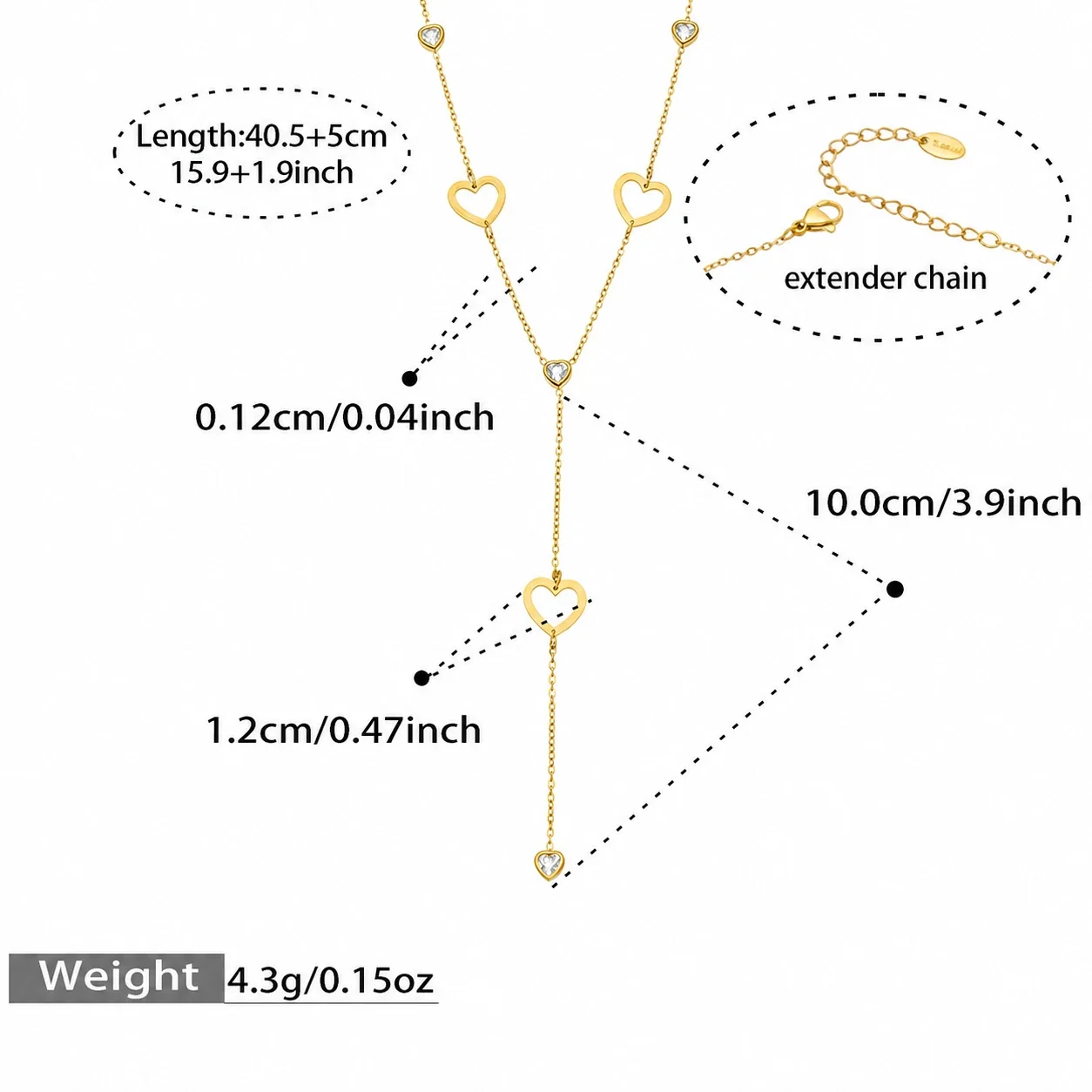 Delicate 18K Gold-Plated Y Drop Heart CZ Necklace - Gold Open Heart CZ Y 40.5+5 cm