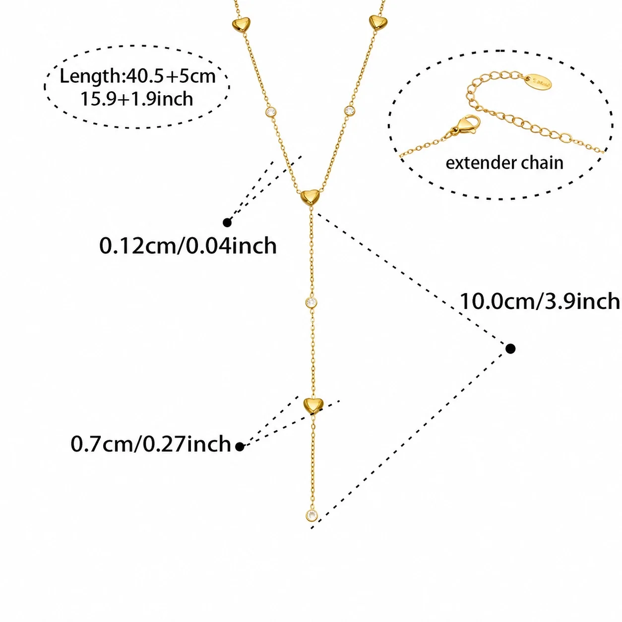 Delicate 18K Gold-Plated Y Drop Heart CZ Necklace - Gold Smooth Heart CZ Y 40.5+5 cm