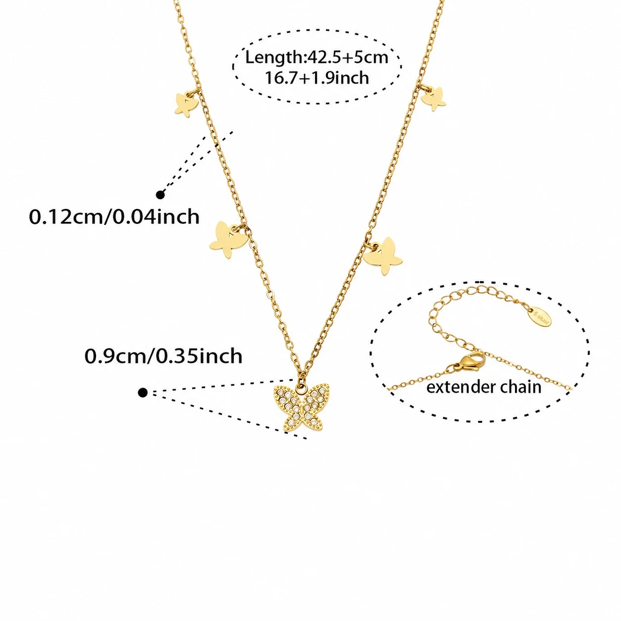 Delicate 18K Gold-Plated Y Drop Heart CZ Necklace - Gold Butterfly CZ 42.5+5 cm