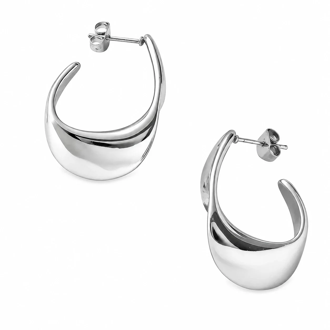 Sculptural 316 Stainless Steel Crescent Hoop Earrings - Silver