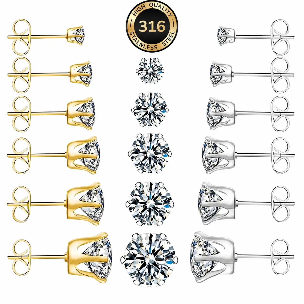 Brilliant Stainless Steel Six-Prong CZ Stud Earrings
