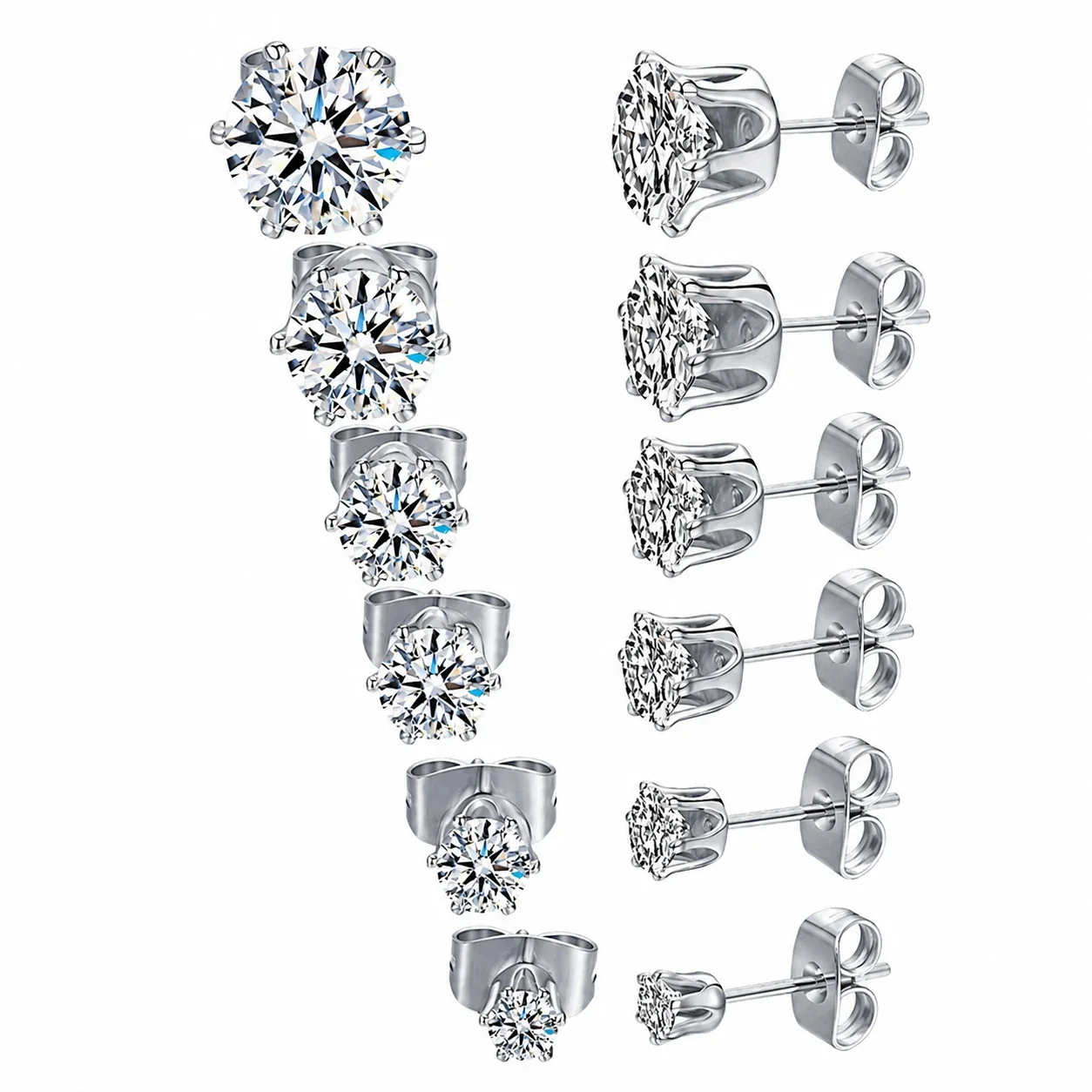 Brilliant Stainless Steel Six-Prong CZ Stud Earrings - Silver