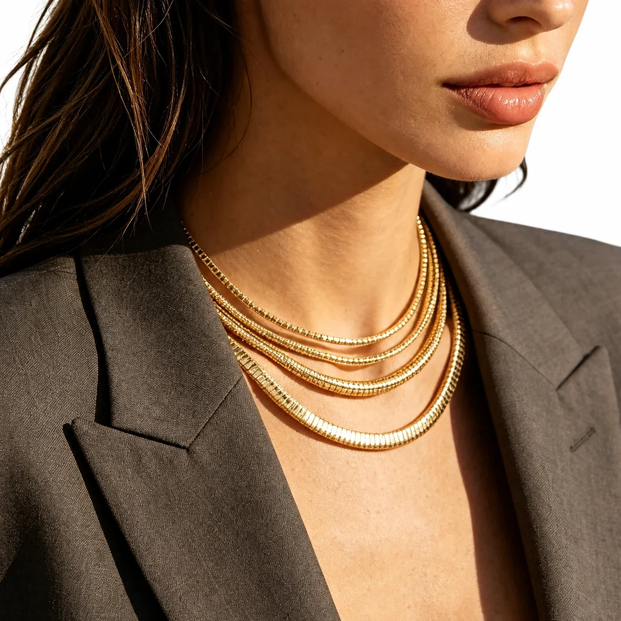 Sleek Gold PVD Ribbed Omega Chain Necklace