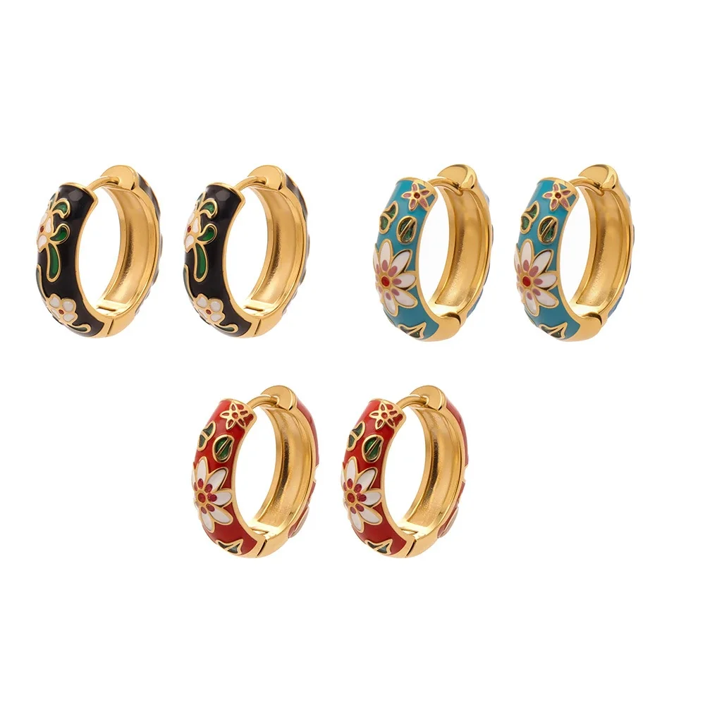Artful 18K Gold-Plated Enamel Floral Huggie Hoop Earrings