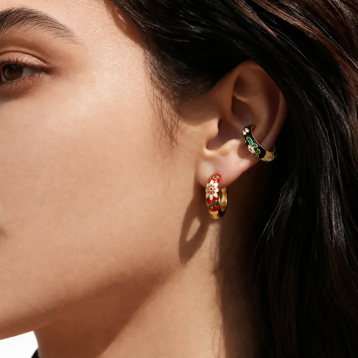 Artful 18K Gold-Plated Enamel Floral Huggie Hoop Earrings