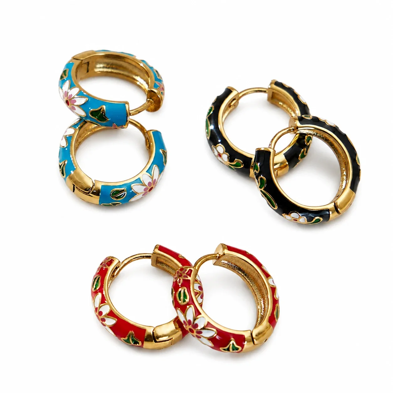 Artful 18K Gold-Plated Enamel Floral Huggie Hoop Earrings