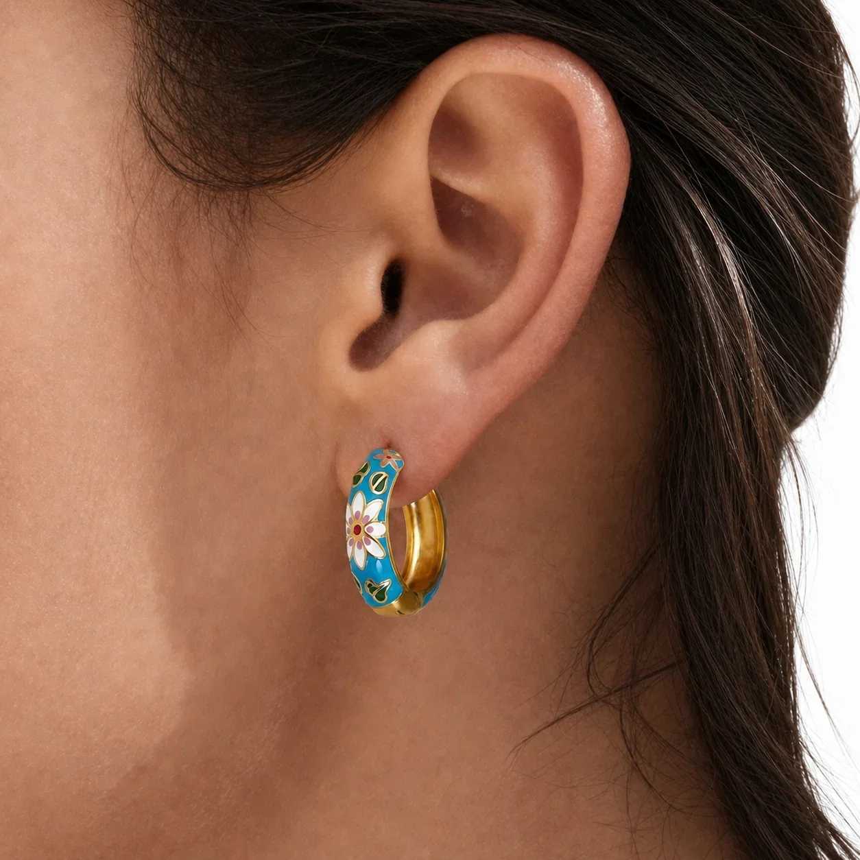 Artful 18K Gold-Plated Enamel Floral Huggie Hoop Earrings