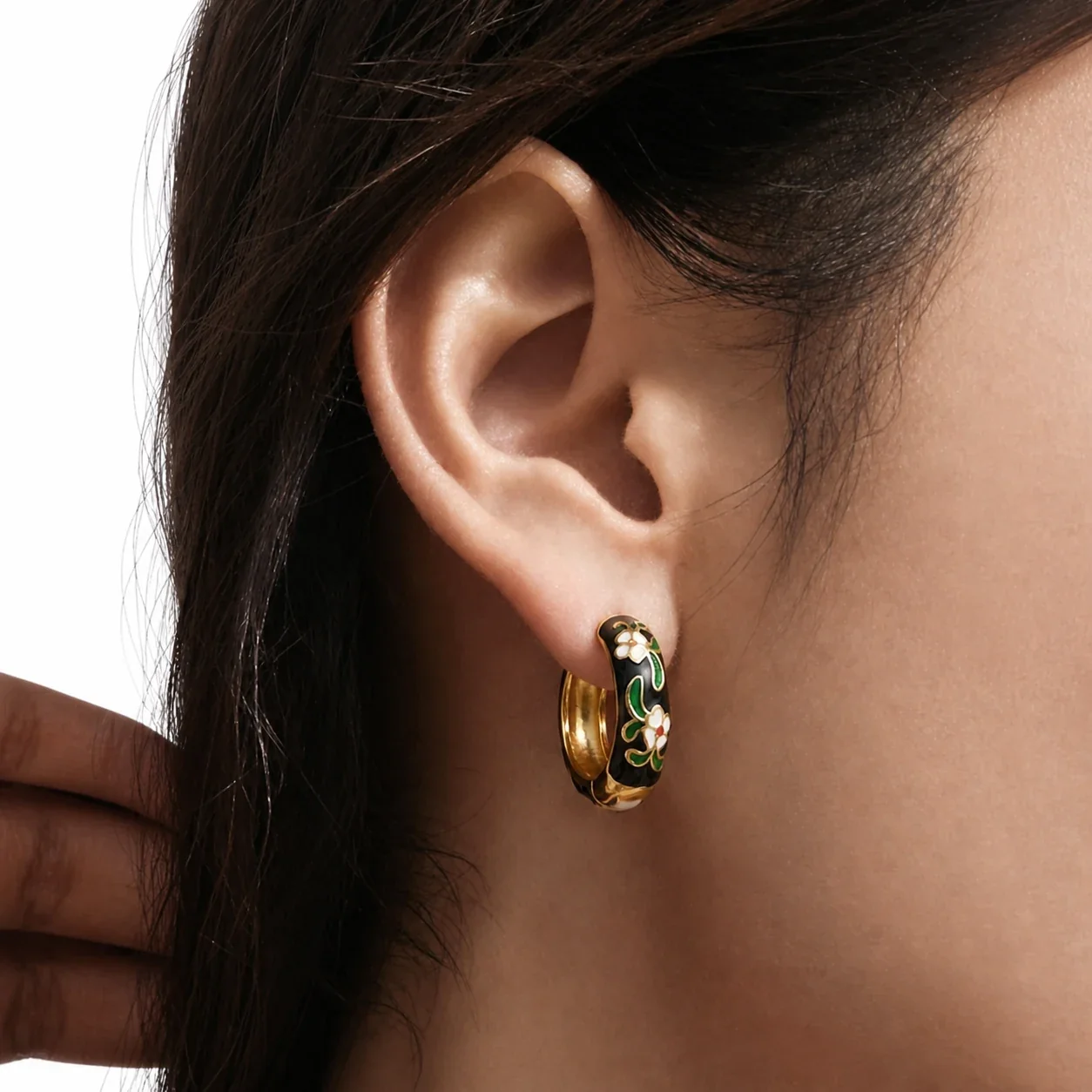 Artful 18K Gold-Plated Enamel Floral Huggie Hoop Earrings