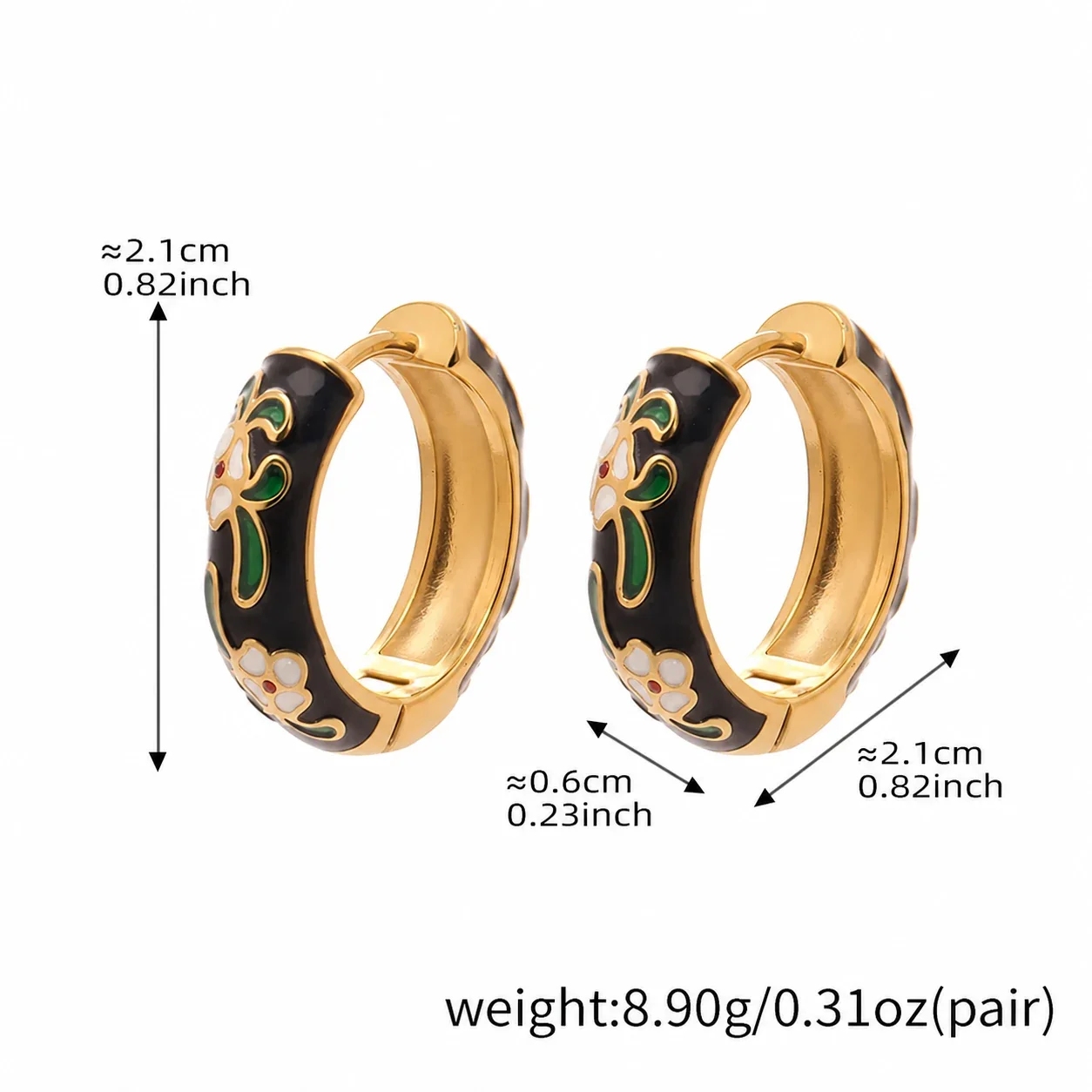 Artful 18K Gold-Plated Enamel Floral Huggie Hoop Earrings - Black Enamel Floral