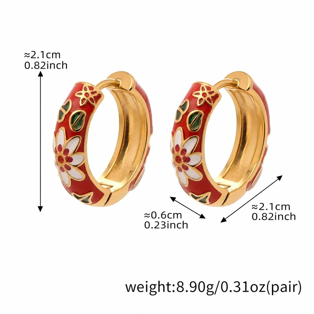 Artful 18K Gold-Plated Enamel Floral Huggie Hoop Earrings - Red Enamel Floral